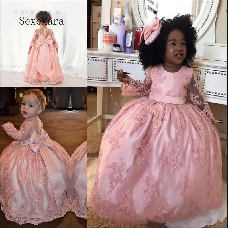 

Pink Sheer Girls Birthday Gowns with Big Bow On Back Long Sleeves Lace Flower Girl Dress For Wedding Custom Made Hot Sale Longo