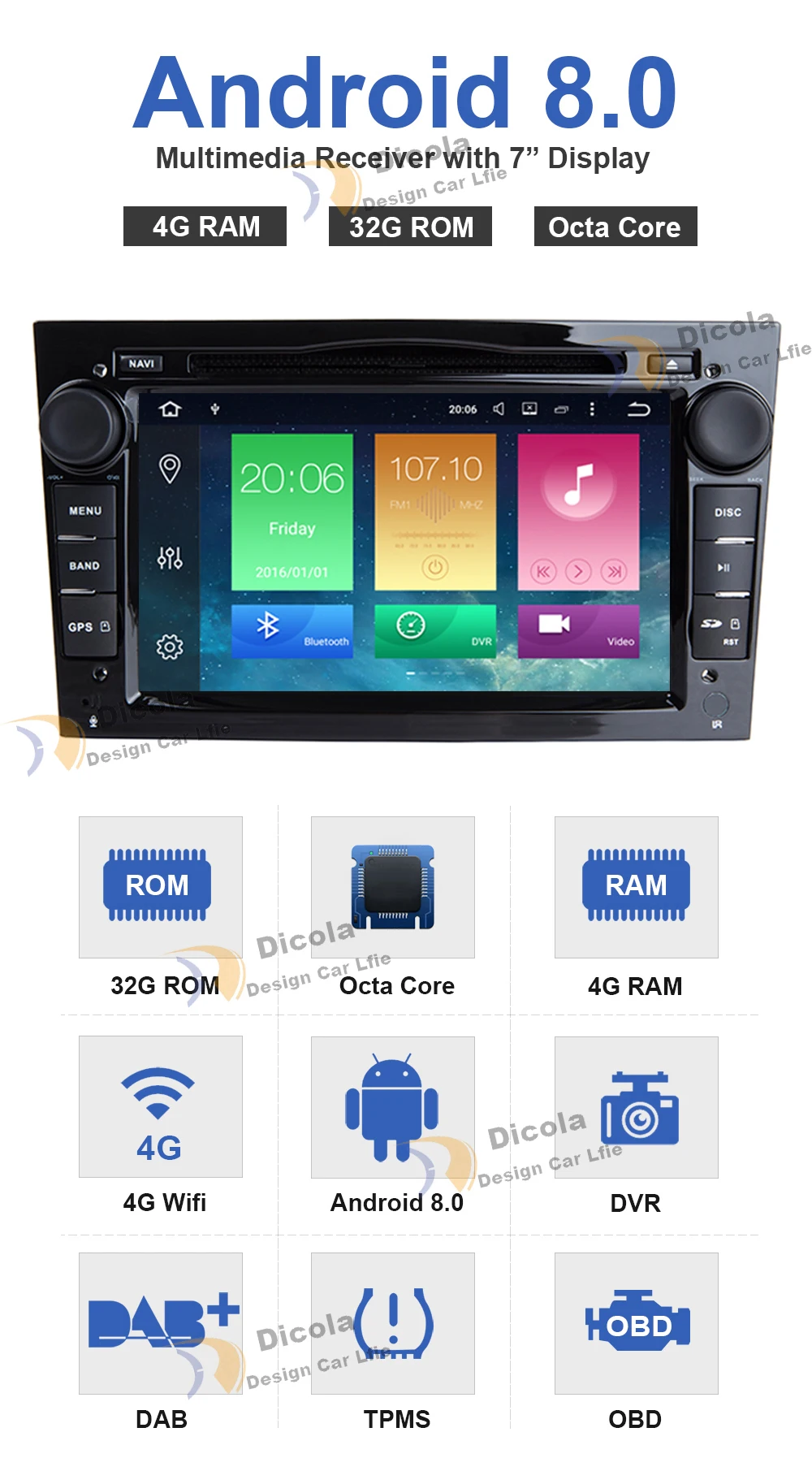 Excellent 4G+32G Octa Core Android 8.0 for OPEL Astra H Meriva Antara Zafira Veda Agila Corsa Vectra car dvd gps navigation Support DAB+ 4
