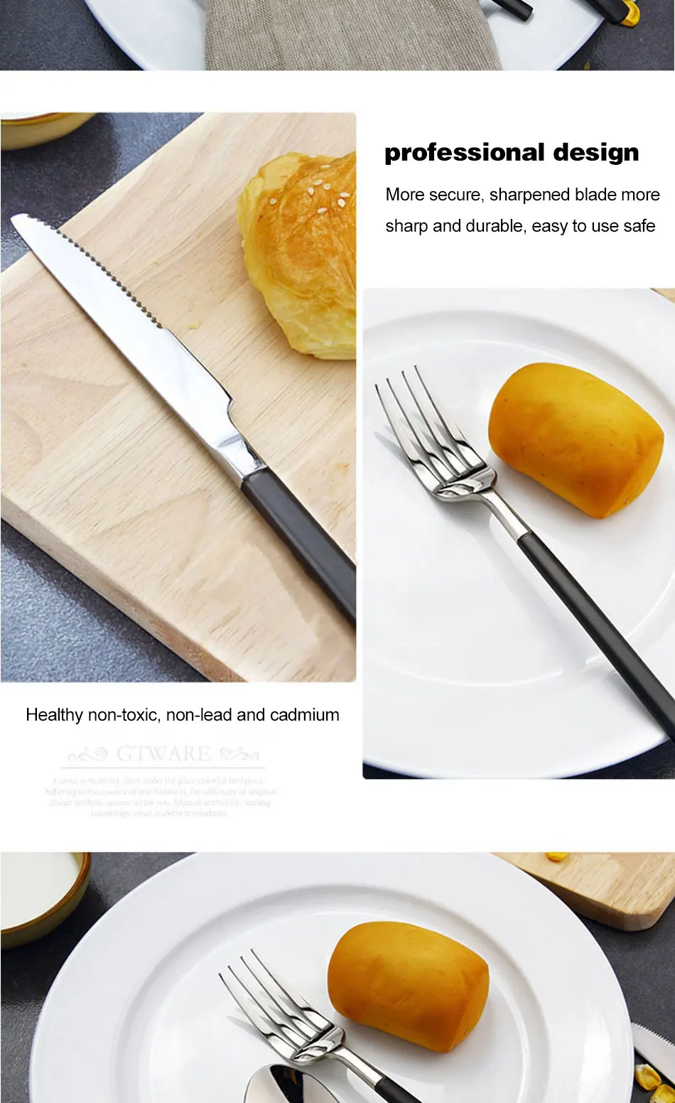 Silver Plating Black Handle Dinnerware Set 304 Stainless Steel Knife Fork Tableware Set Cutlery Dinner Feast Western Food Sets (9)
