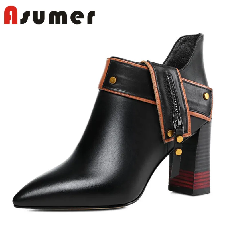 

ASUMER NEW 2018 buckle ankle boots for women solid simple winter boots thick heels high quality unique genuine leather boots