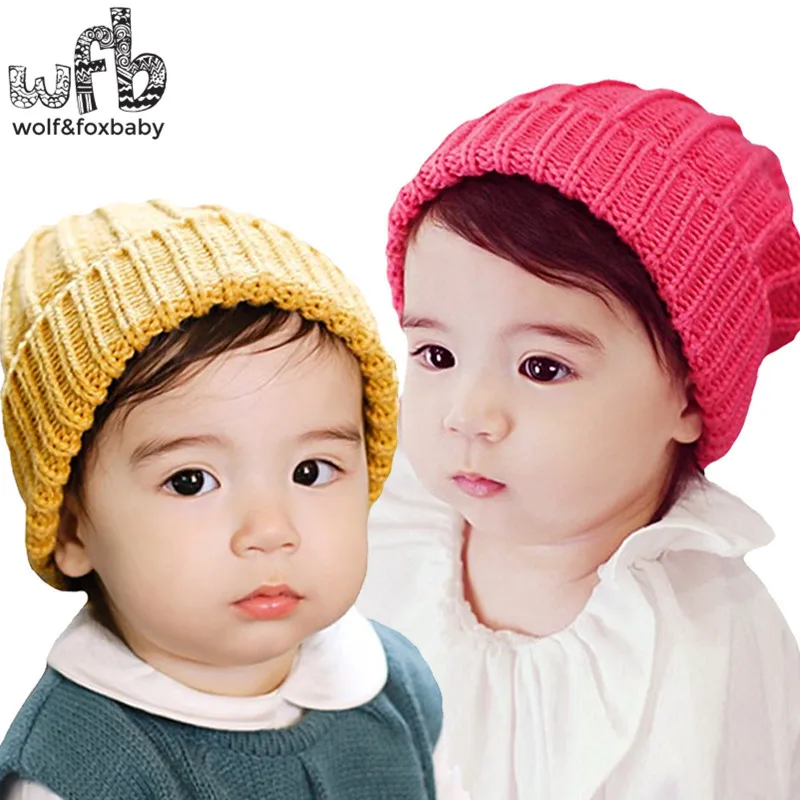 

Retail 48CM round cap Knitted woolen Flanging Ear protection warm cap baby children infant kids spring autumn fall winter