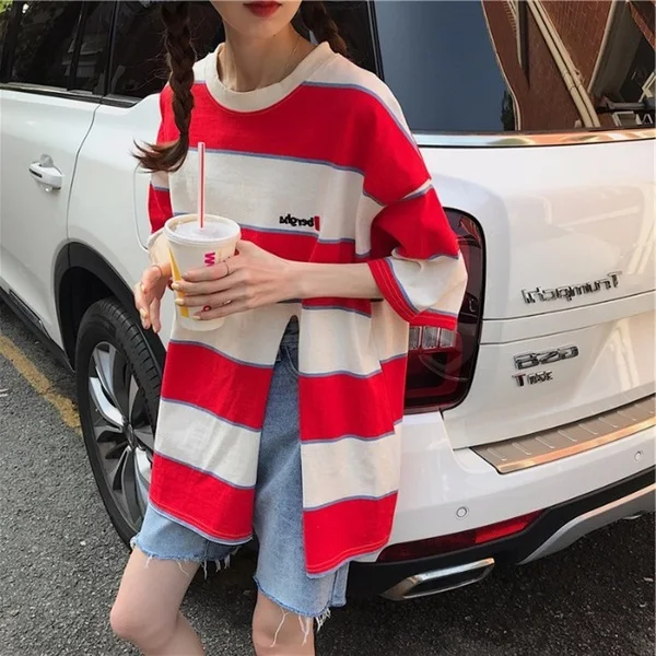 Harajuku футболки женская летняя одежда шикарная Ulzzang трендовая полосатая большая футболка с коротким рукавом Свободная Студенческая футболка - Цвет: Xian 417 hong
