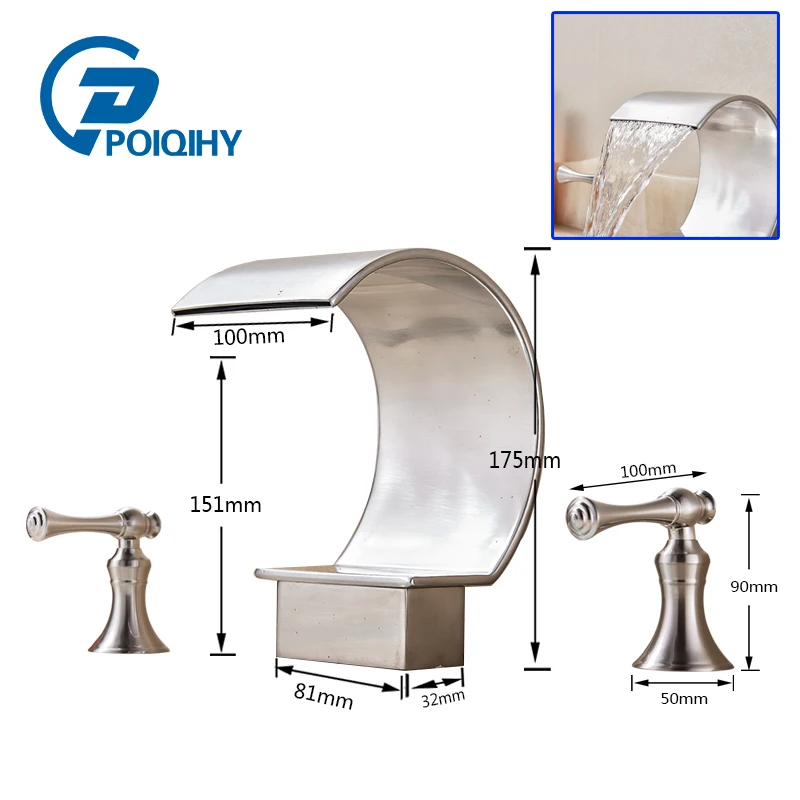 

POIQIHY Creative Two Handles Faucet Hot and Cold Water Deck Mount 3 pcs Bathroom Brushed Nickel Mixer Taps