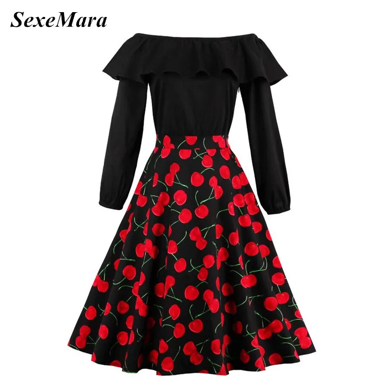 2017 New Beautiful Sexy Slash Neck Cherry Print 1950s Long Sleeve