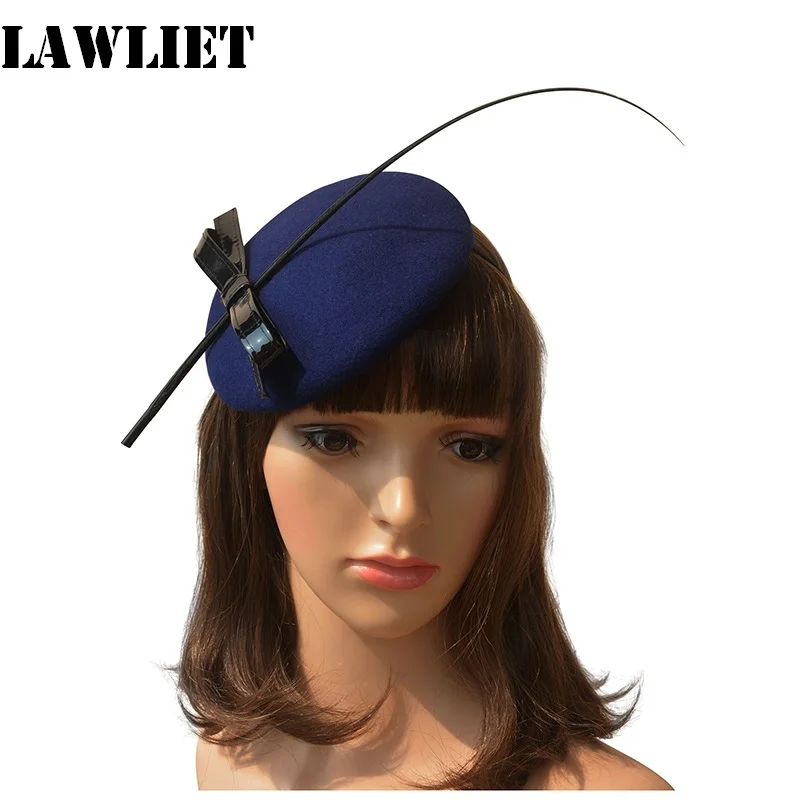 

Blue circle women Bow Feather Wool Felt Fascinator Pillbox Hat for Wedding Party and dress A144