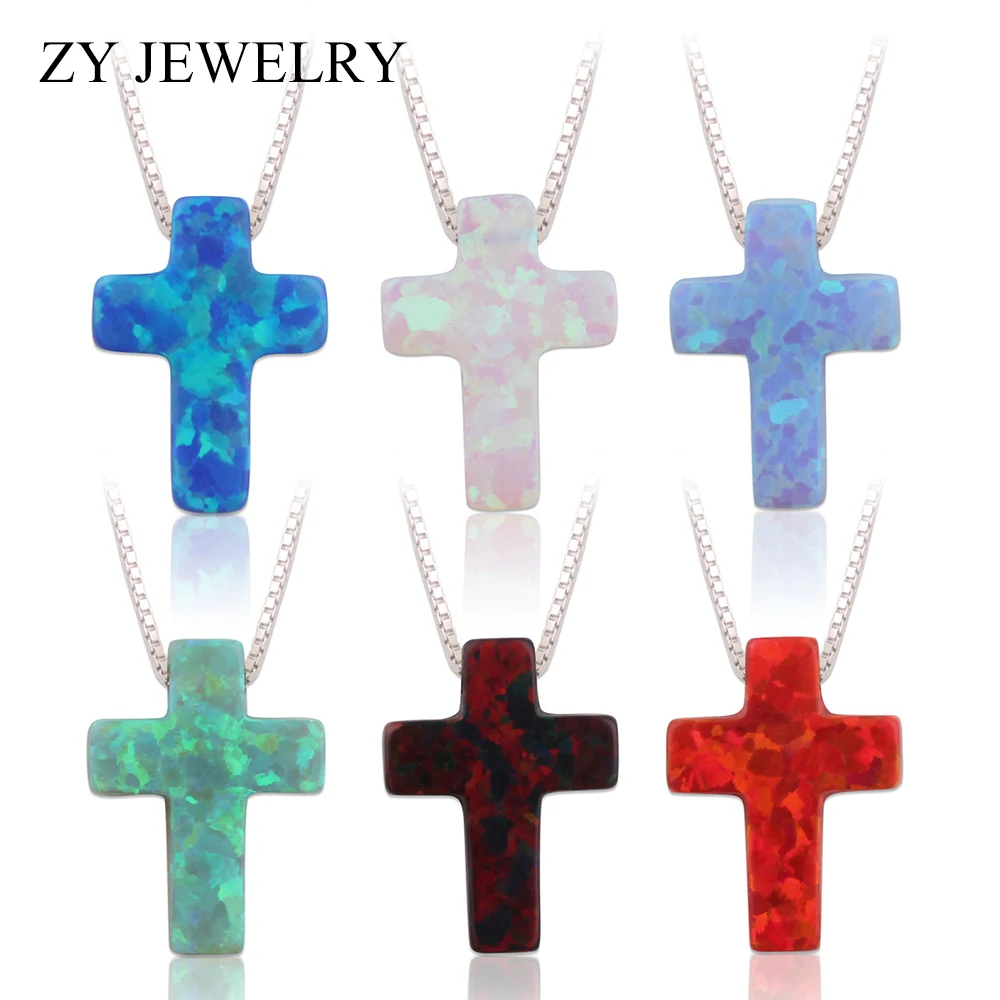 Elegant Colorful Cross Opal Pendant Necklace 925 Sterling Silver Box