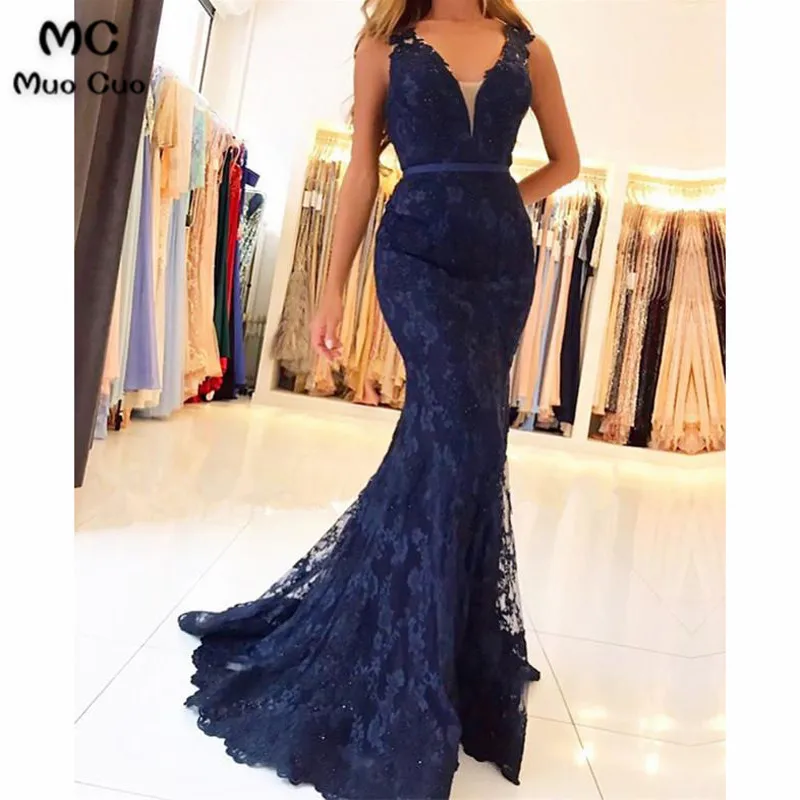 Elegant V Neck Long Lace Mermaid Evening Dresses
