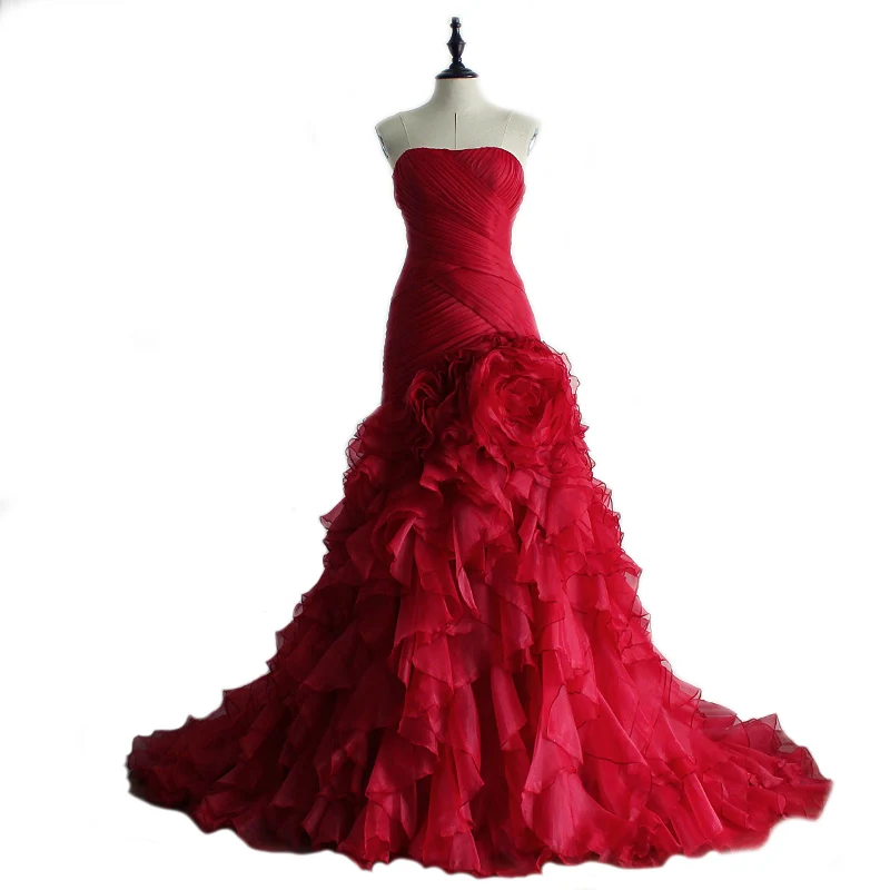 Vestido De Noiva Sereia Sexy Strapless Red Wedding Dresses Mermaid Ruffles Skirt Bride 2017 Court Train Plus Size | Свадьбы и
