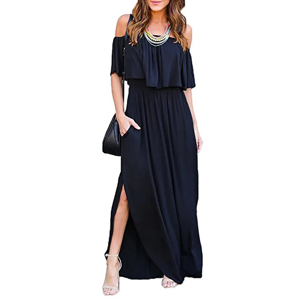 

Sexy Off Shoulder Ruffle Dress Elegant Women Cotton Summer Pocket Dresses Casual Female Midi Ladies Vestidos Festa Plus Size