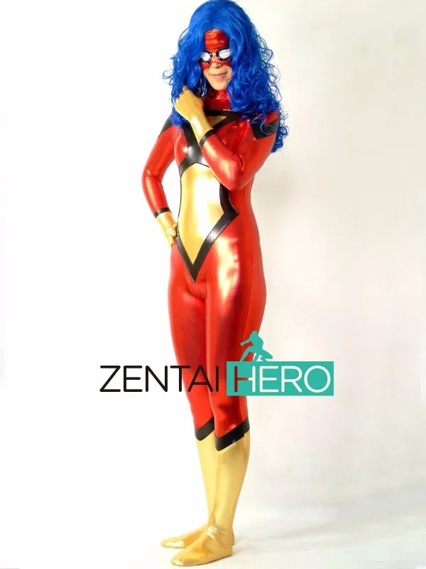 Free Shipping DHL Sexy Spider-Woman Shiny Metallic Spandex Zentai Superhero Costume Open Mouth Halloween Costume PS047 (1)