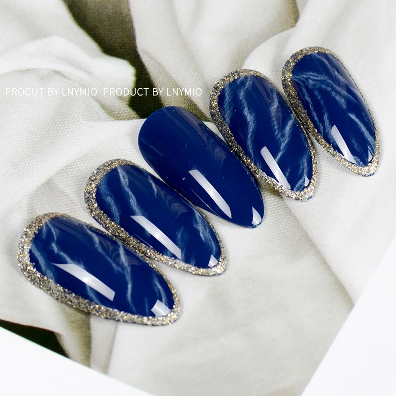 

LNYMIO blue fading fake nails white marble with silver Wrapping tip nail