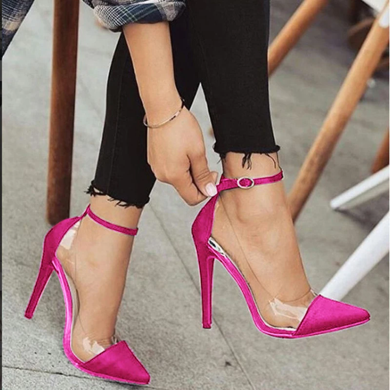Стиль высокий каблук острый монохромный ремень пряжка стильные женские тонкие туфли цвета розы, красный, розовый черный абрикосовый цвет размеры 34 и 43