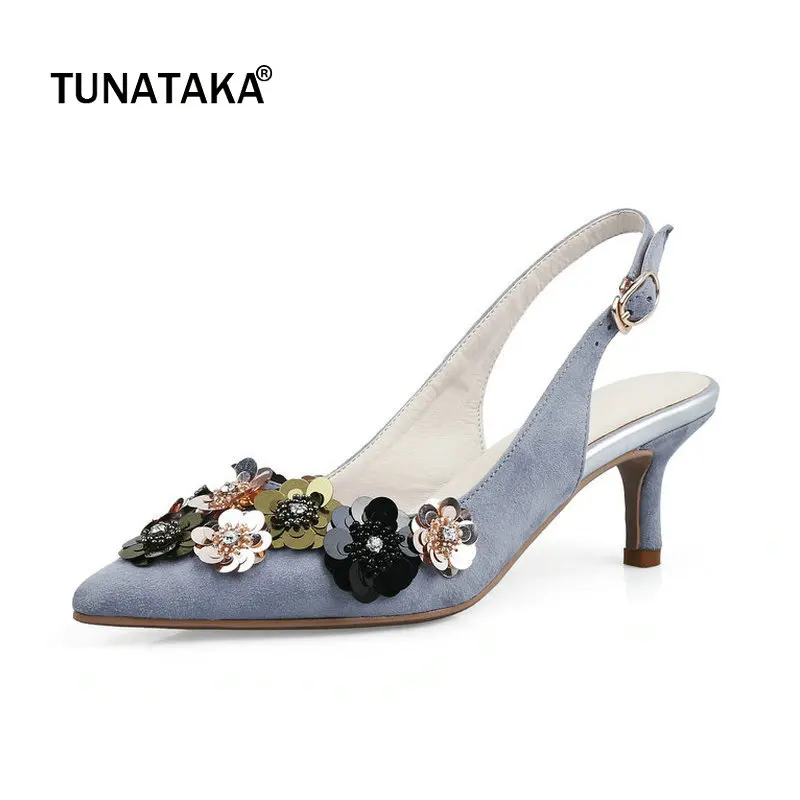 

Suede Buckle Comfort Thin Heel Woman Slingbacks Pumps Fashion Flower Dress High Heel Shoes Woman Black Gray