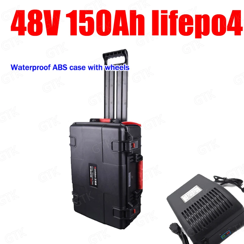 

GTK waterproof 48V 150Ah Lifepo4 lithium battery BMS Wheeled trolley case for 7200W Scooter Tricycle Forklift UPS + 10A charger