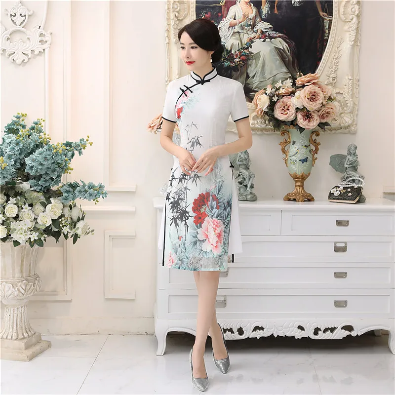 

Shanghai Story White Aodai Vietnam Dress For Women Traditional Clothing Dress Knee Length Oriental Dress Chinese Style Cheongsam