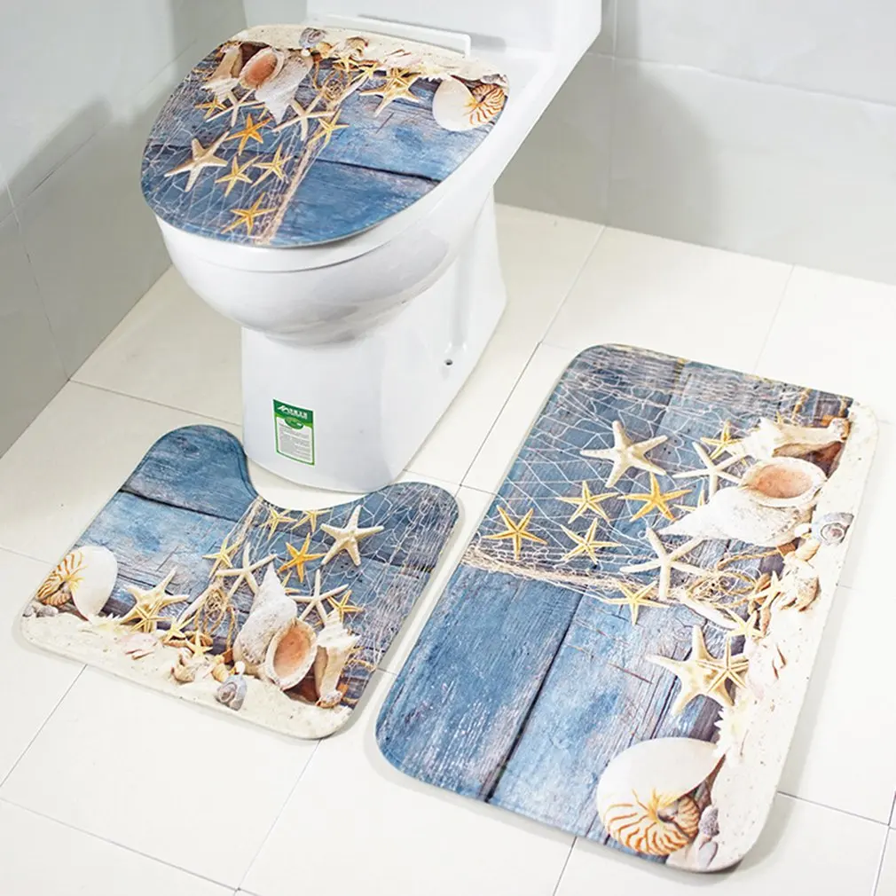 3 In 1 Bathroom Mat Set Ocean Underwater World Anti Slip Bathroom Mat