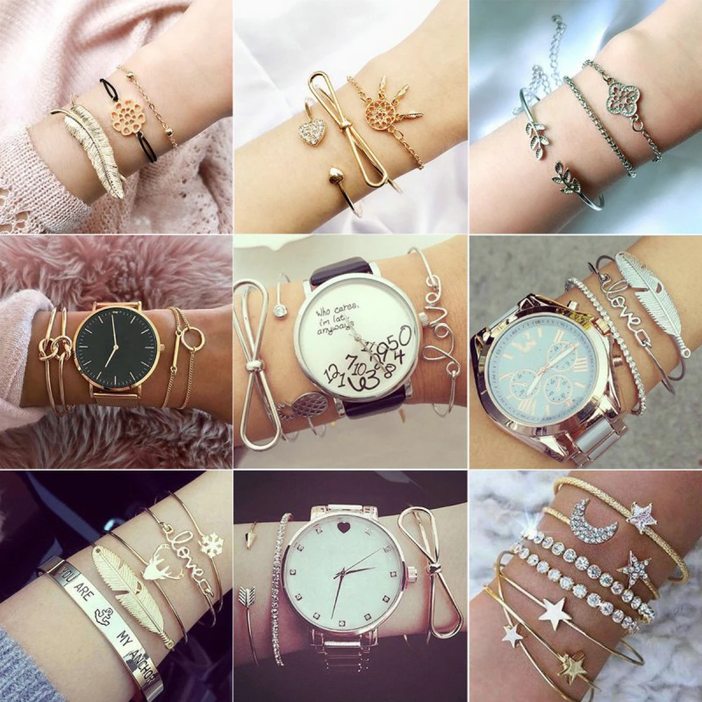 

5 Pcs/ Set Classic Arrow Knot Round Crystal Multilayer Adjustable Open Bracelet Set Women Fashion Party Jewelry Multiple Styles