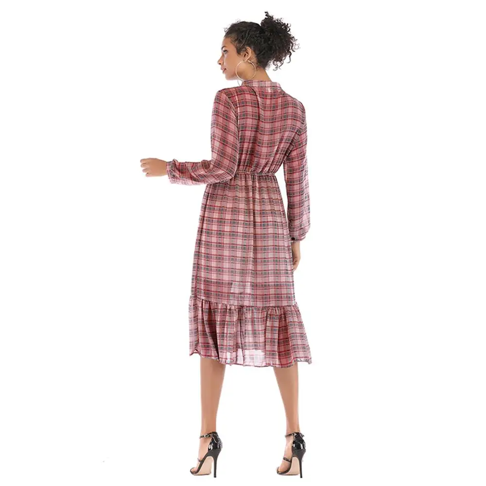 Women Plaid Dress Slim Ruffled Chiffon Bow Dresses Long Sleeve Elastic Waist Retro Maxi Dress Beach vestidos de fiesta Women Plaid Dress Slim Ruffled Chiffon Bow Dresses Long Sleeve Elastic Waist Retro Maxi Dress Beach vestidos de fiesta