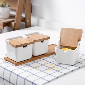 

Japanese Style Ceramic Jars Creative Kitchen Bamboo Lid Condiment Box Multi-function Heat Resistant Spices Containers Bottles