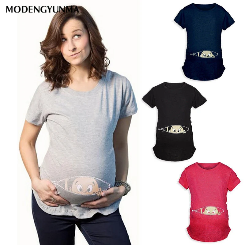 

2019 New Summer Maternity Pregnancy T-Shirt Women Cartoon Tee Baby Print Staring Pregnant Clothes Funny T-shirt Plus Size M-3XL