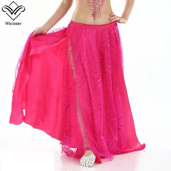 

Wechery Floral Belly Dancing Skirt Women's Long Maxi Rose Pattern Skirts Sexy Elastic Split Mesh Double Layers Shows Skirts