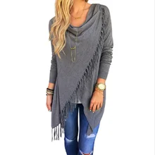 Модные кардиганы накидка пончо с длинным рукавом Футболка Для женщин Нерегулярные кисточкой свитера с круглым вырезом Повседневное топ футболки Q1873