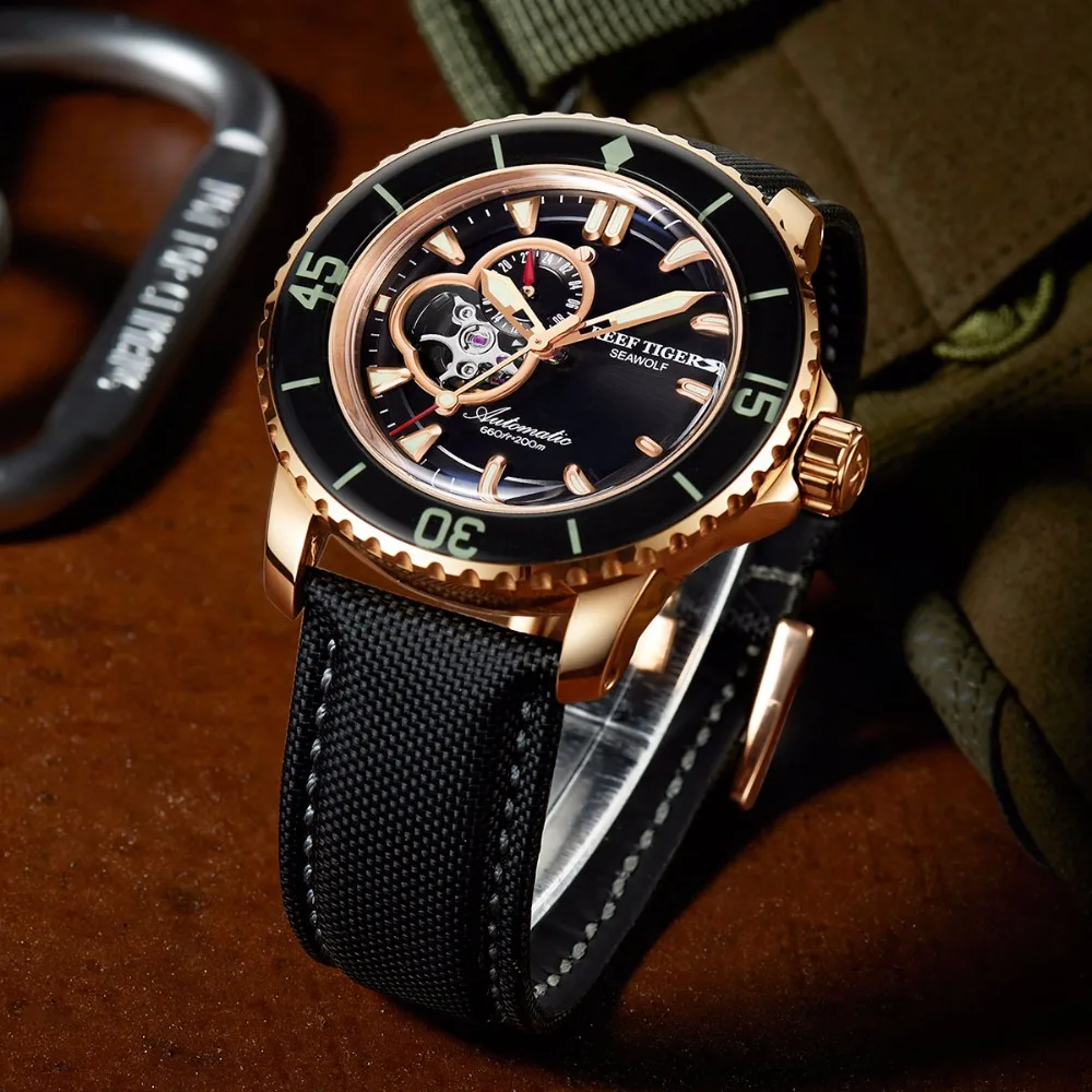 Reef Tiger/RT Automatic Sport Watches for Men Nylon Strap Rose Gold