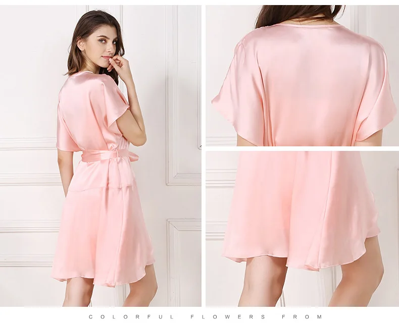 XL женский шелковый халат и платье комплект Лето 2019 женский модный бренд розовый однотонный Повседневный сексуальный короткий рукав 100%