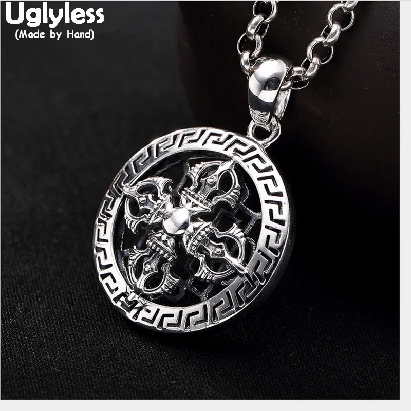 

Uglyless 100% Real Solid 925 Sterling Silver Vajra Pendant Necklace NO Chains Buddhism Cross Pendants Thai Silver Hollow Jewelry