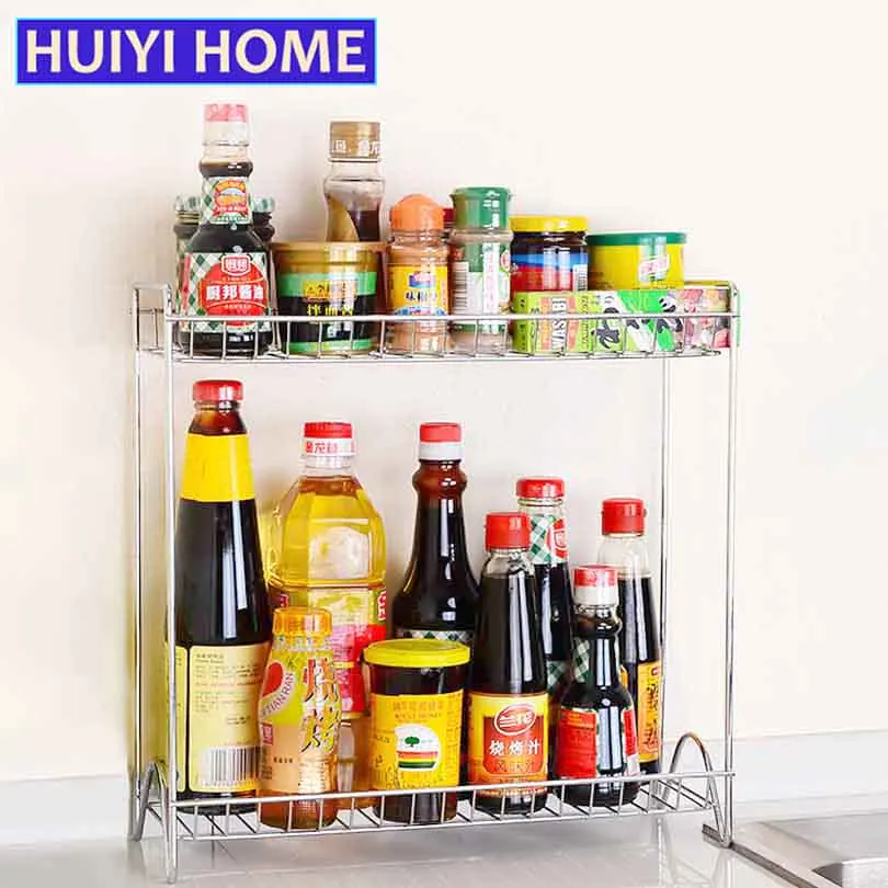 Home Supplies Double Layer Storage Rack Kitchen Spices Jar Metal Shelf Organizer