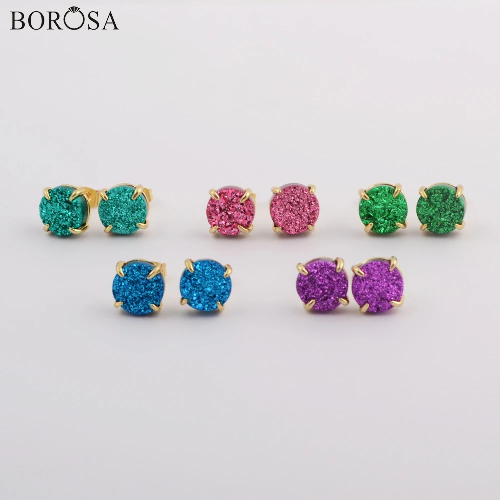 

BOROSA 5Pairs Round Gild Claw 10mm Natural Agates Druzy Studs Titanium Rainbow Drusy Stud Earrings Jewelry Women Gifts ZG0412