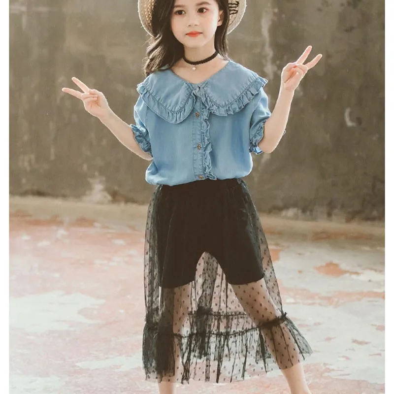

Children Mesh Skirt & Petal Sleeve Blouse Jeans Set Big Girls Suits 2019 Summer Kids Denim Tops + Long Skirts Girl Set Clothing