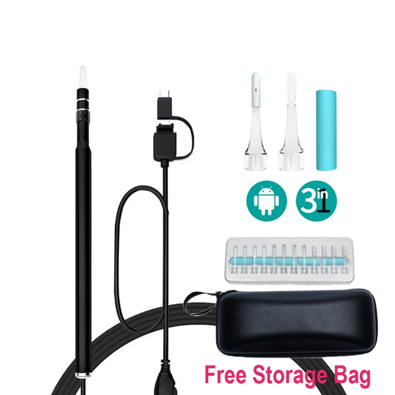 

3 in1 Black USB HD Visual Ear Cleaning Endoscope Spoon 5.5mm Mini Camera Borescope Android PC Ear Pick Tool Health Care Otoscope