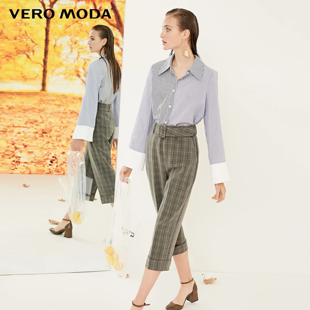 Vero Moda женские свободные винтажные клетчатые 3D пошив широкие брюки | 318319501 - Цвет: Granit mel.