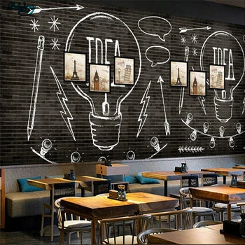 

beibehang Large custom wallpaper European and American fashion black brick wall lamp bar coffee shop backdrop decoration