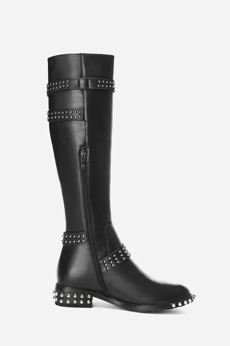 Sungtin Высокое качество классические Сапоги для верховой езды Для женщин Сексуальная заклепки-гладиаторы с пряжкой ботинки с высоким