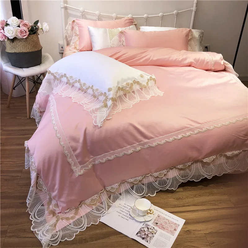 

Luxury Princess Style Pink Blue White Purple Washed Silk Cotton Wedding Bedding Set Lace Duvet Cover Bed sheet/Linen Pillowcases