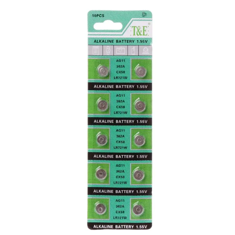 

2019 New 10PCS Alkaline Battery AG11 1.55V LR721 362 SR721 162 Button Coin Cell Watch Toys Batteries Control Remote