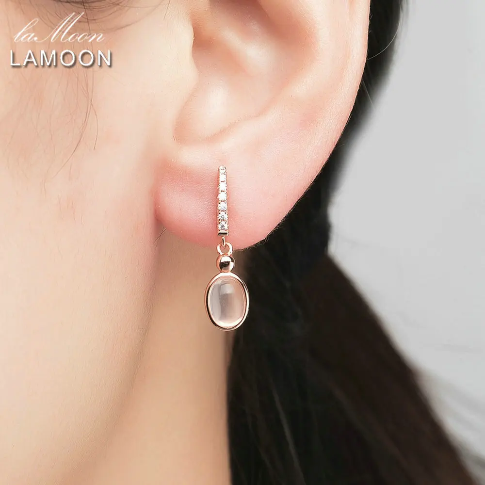 LAMOON 5x7mm 100% Natural Pink Rose Quartz 925 Sterling Silver Jewelry Rose Gold Plated Drop Earrings S925 LMEI006