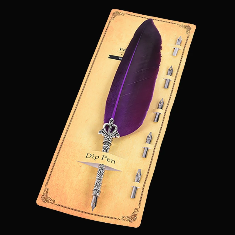 1 Set Feather Fountain Pen Calligraphy Pen Quill Oblique Fountain Luxury Pen Ink +5pcs Nib Metal for Fancy Font Office Supplies