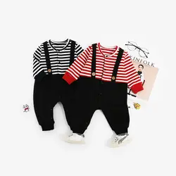 Одежда для малышей в Корейском стиле, ковбойские полосатые детские комбинезоны с полосками, Повседневные детские комбинезоны