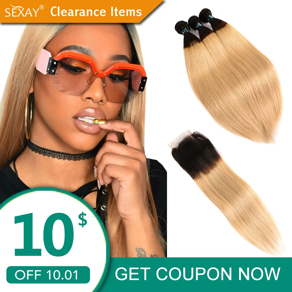 SEXAY Blonde Human Hair Bundles With Closure 3 Bundles With Lace Closure Dark Roots T1B/27 Ombre Blonde Peruvian Straight Hair