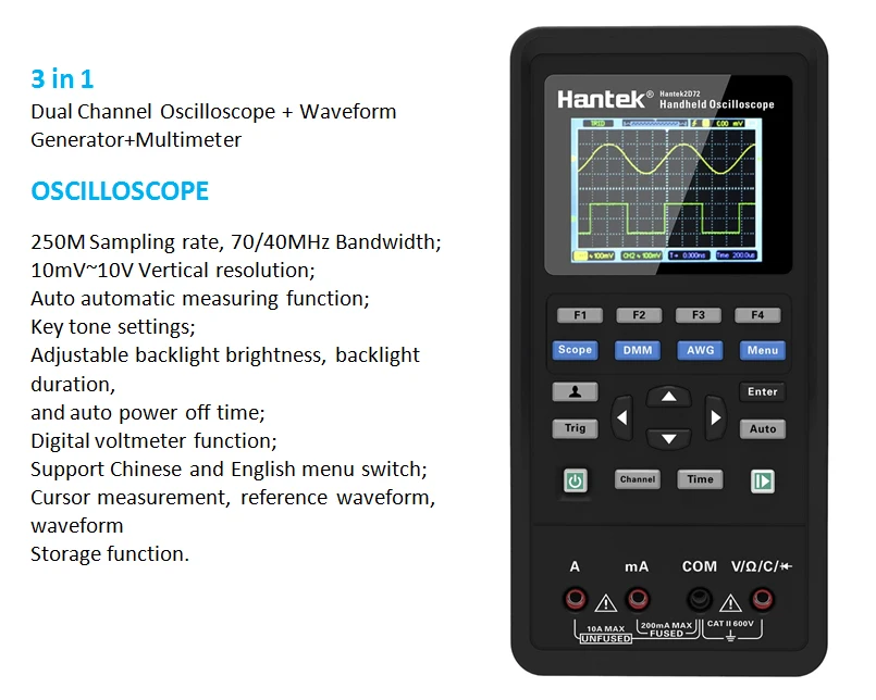 Hantek osciloscópio digital portátil automotivo 2d72 2d42