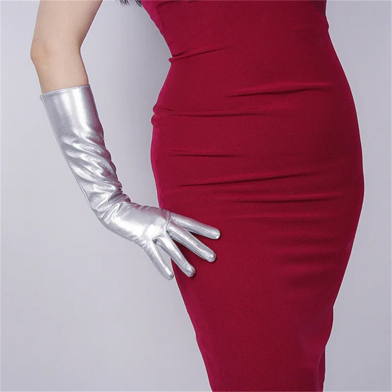 Fashion Silvery Patent Leather Woman's Gloves Faux Genuine Leather PU Leather Gloves 40cm Long Female Mittens P48-2