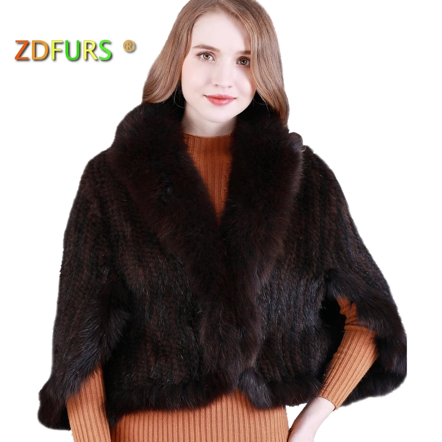 ZDFURS * New Genuine Knit Mink Fur Xaile Poncho Com Fox Corte Real mink fur jacket Mulheres Moda ZDKM-166001