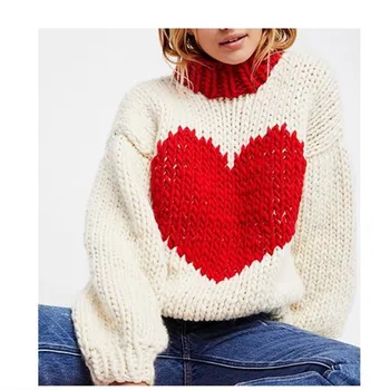 

2019 autumn and winter new fashion pure hand-woven peach heart color thick needle lantern sleeve sweater
