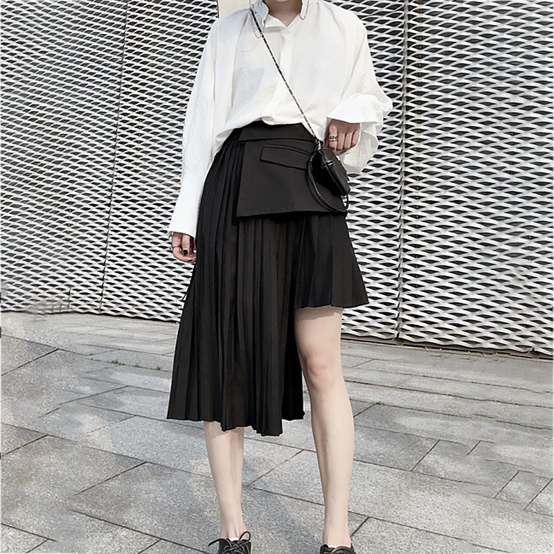 CHICEVER летняя винтажная нестандартная черная юбка-труба для Женщин Эластичная Высокая талия пэчворк карманы А-силуэт юбки Мода