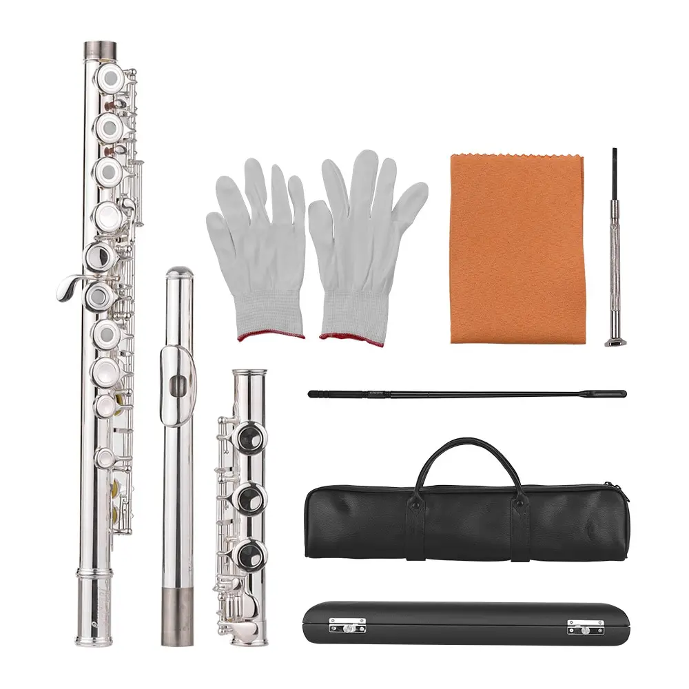 

Muslady 17-Hole Concert C Flute Open/ Closed Pore Cupronickel Material Silver Plated Woodwind Instrument with Cleaning Cloth