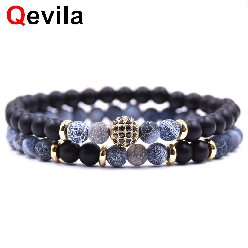 

Qevila 2pc/set Natural stone Bracelet men Micro Pave CZ 8mm Disco Ball Charms Bracelets for women Men jewelry link viking Bijoux