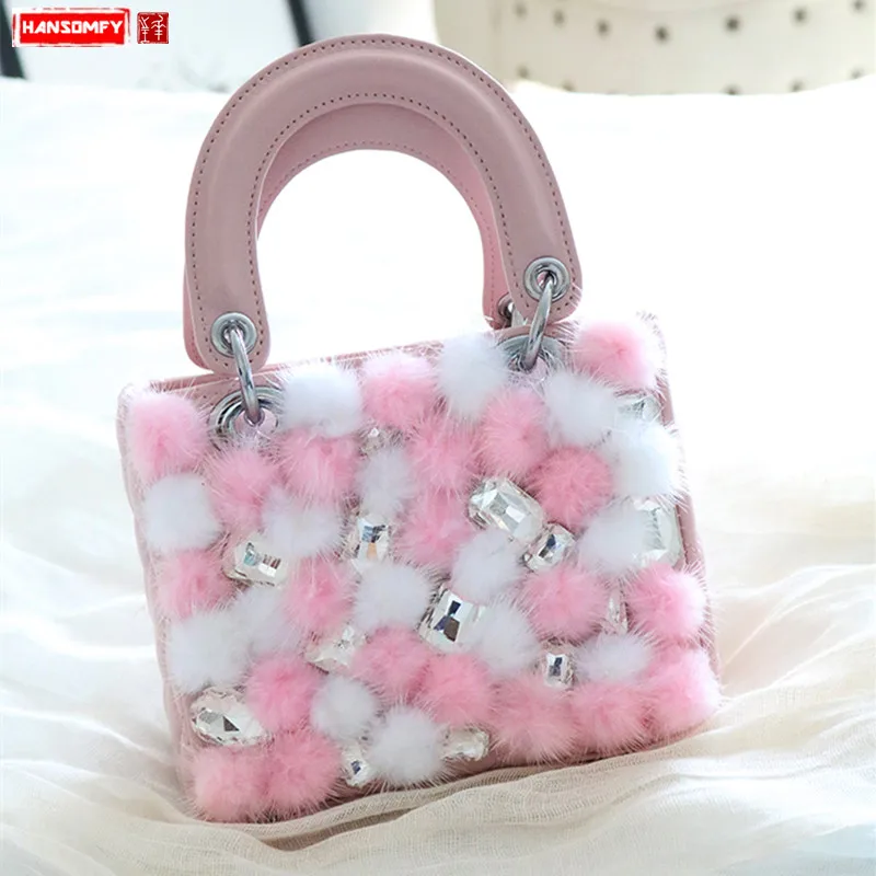 

2018 new fashion Women diamonds handbags tide female personality water mink fur ball shoulder portable rhinestone Messenger bags